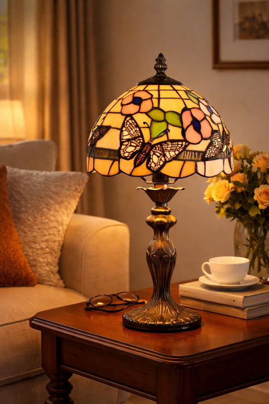 8" Butterfly Flower Tiffany Mini Table Lamp