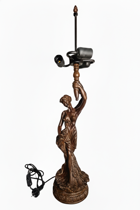 Huge 20" Vienna Baroque Stained Glass Tiffany Table Lamp with Lady peacock Base