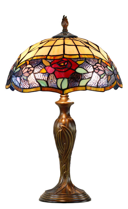 14” Vintage Rose Tiffany Table Lamp – Elegant Bedside Lighting