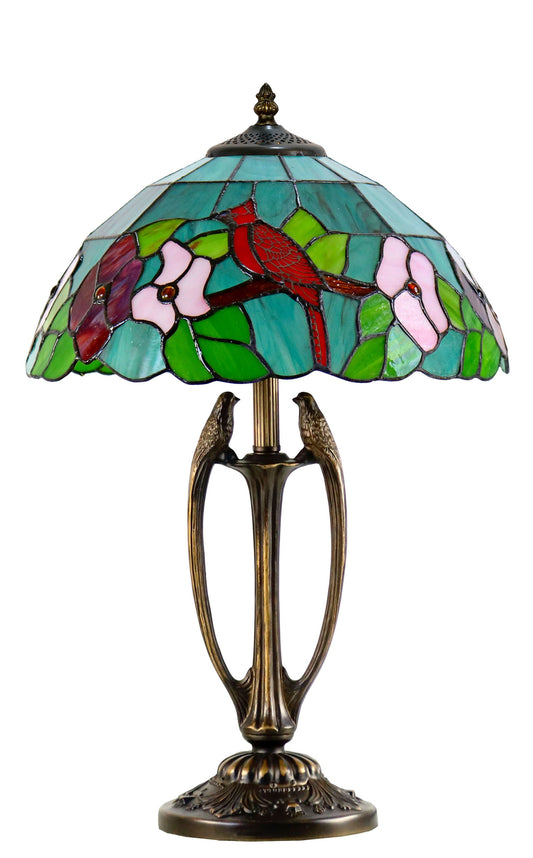 14" Artisan Stained Glass Cardinal Bird Floral Tiffany Table Lamp