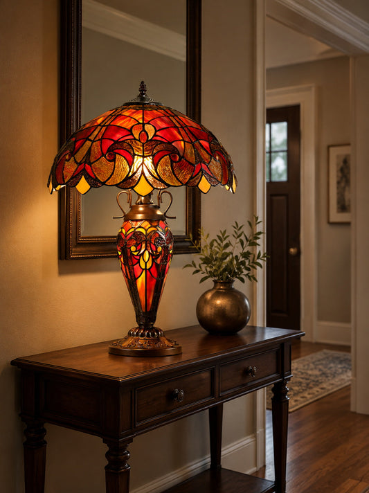 Limited Edition 16" Large Amor Red Victorian-Style Double-Light Tiffany Table Lamp.