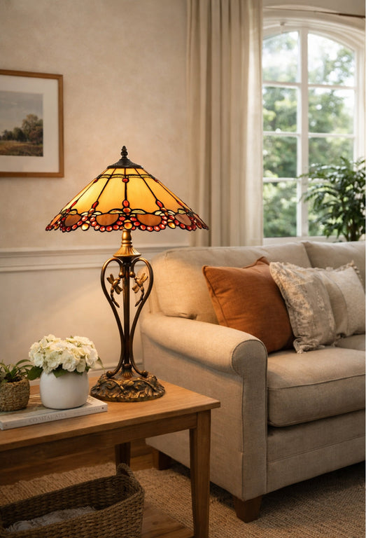 16" Handcrafted Tiffany-style stained glass Table Lamp with with red jewel accents