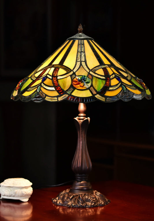 16" Large Victorian Ribbon Tiffany Table Lamp Country and Rustic Style Iron base