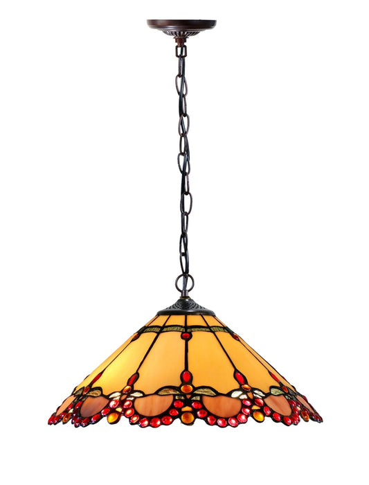 16" Tiffany Amber Stained Glass Pendant Light with ruby-red jewel accents