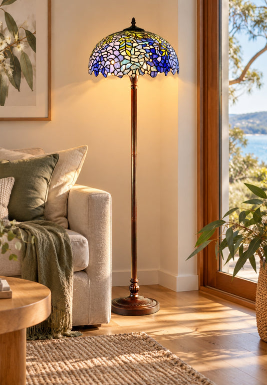 Large 16" Blue Wisteria Style Stained Glass Tiffany Floor Lamp