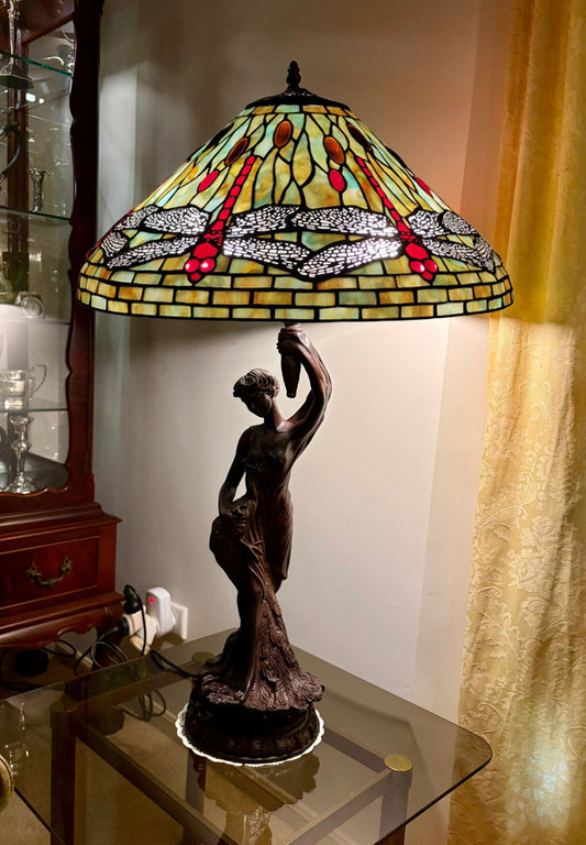 Huge 20" Tiffany Style Dragonfly Table Lamp – Art Nouveau Lady Sculpture Base