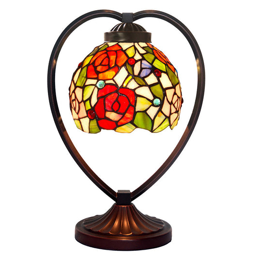 Rose Tiffany Style Stained Glass Table Lamp with Heart-shaped Metal Base