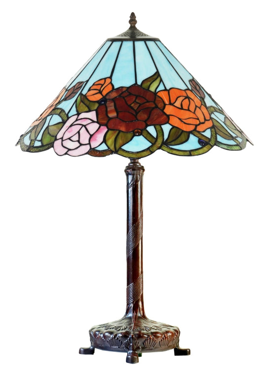 18" Tiffany Style Red Rose Stained Glass Table Lamp – Art Nouveau Floral Design