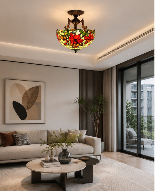16 “ Large Elegant Red Lily Tiffany Semi Flush Mount Ceiling Light