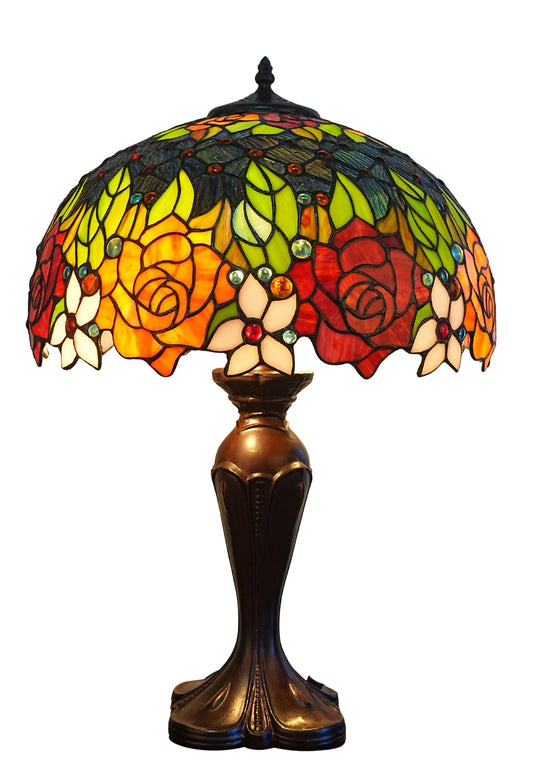Premium 16" Rose Garden Stained Glass Tiffany Table Lamp