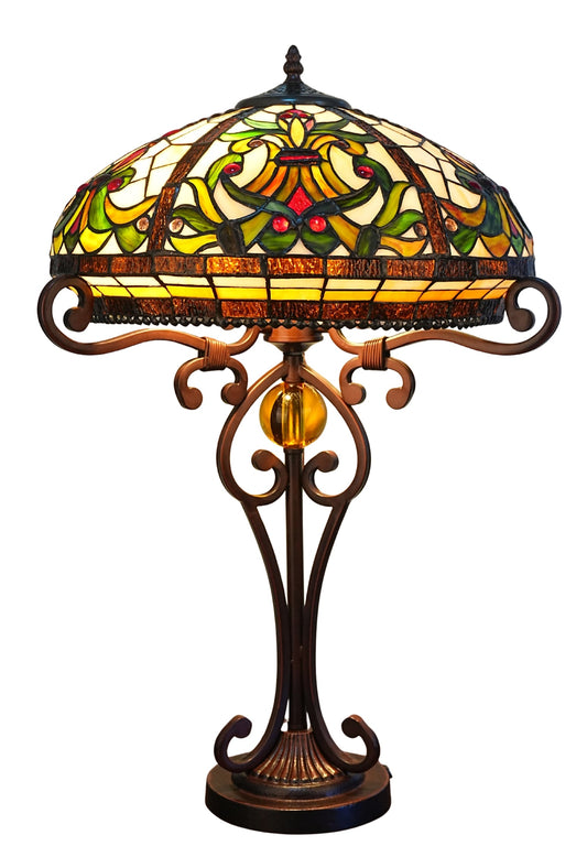 Premium 16" Amber Art Nouveau Tiffany Style Table Lamp with Scrollwork Base