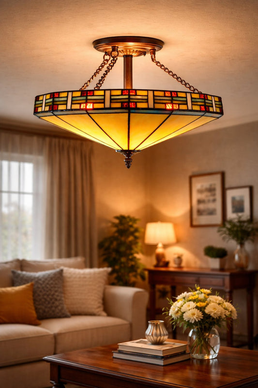 Large 16 inches Mission Tiffany Style Geometric Semi Flush Mount Ceiling Lights