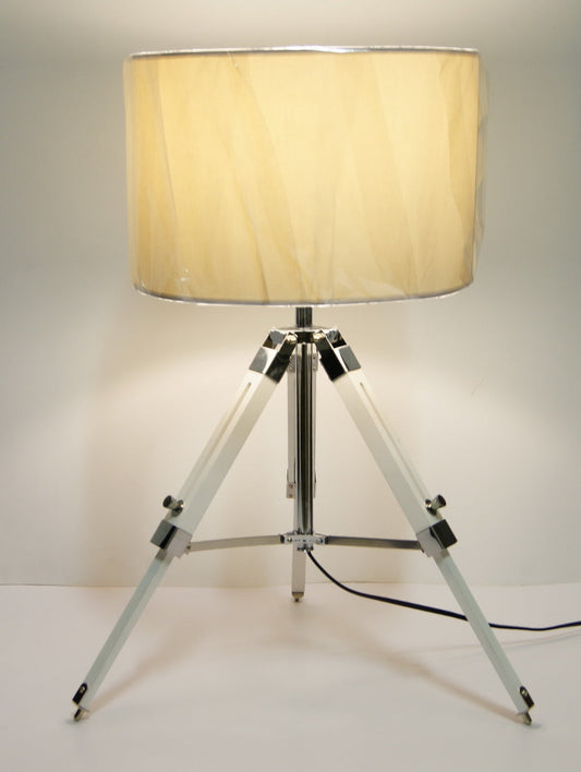 industrial style Tripod Table Lamp White shade with white wooden base