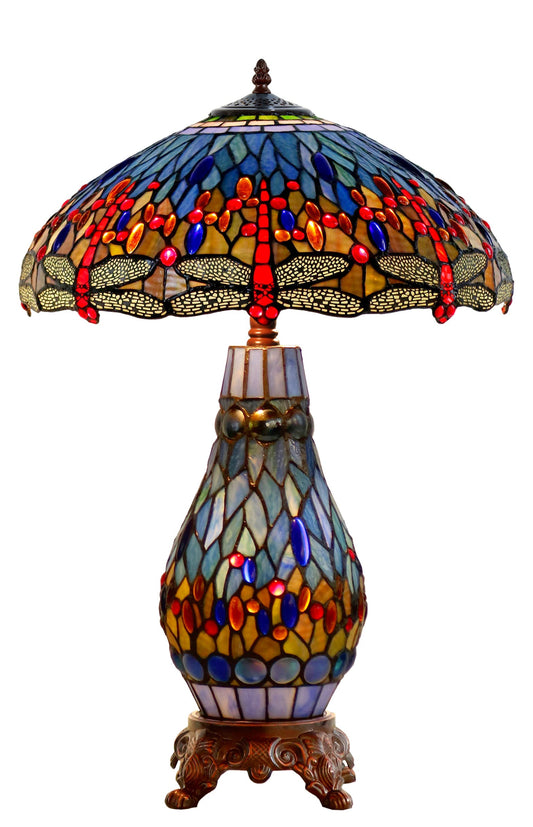 Large 18" Blue Traditional Dragonfly  Tiffany Table Lamp with Lighted Base