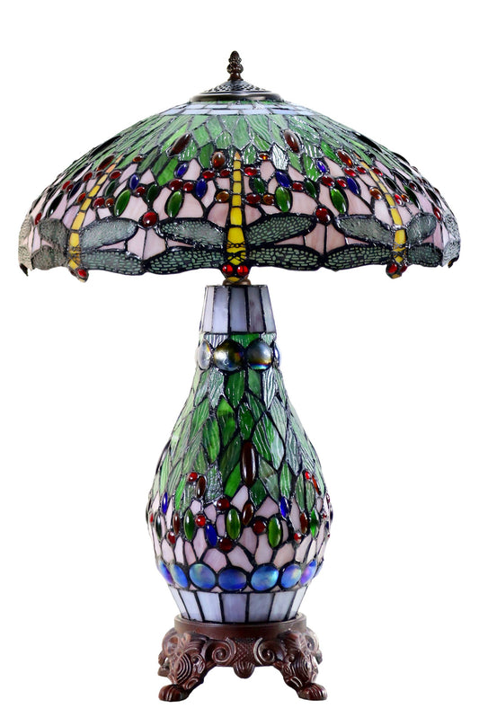 Large 18" Green Traditional Dragonfly  Tiffany Table Lamp with Lighted Base