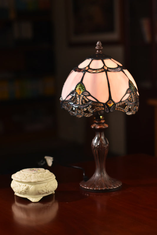 Lavender Pink Stunning  8"  Rococo Style curved Glass Tiffany Mini Lamp