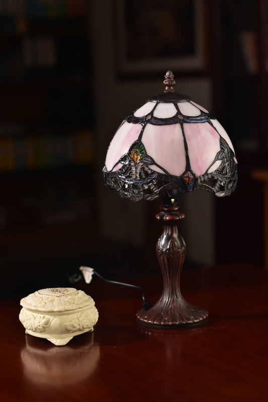 Lavender Pink Stunning  8"  Rococo Style curved Glass Tiffany Mini Lamp