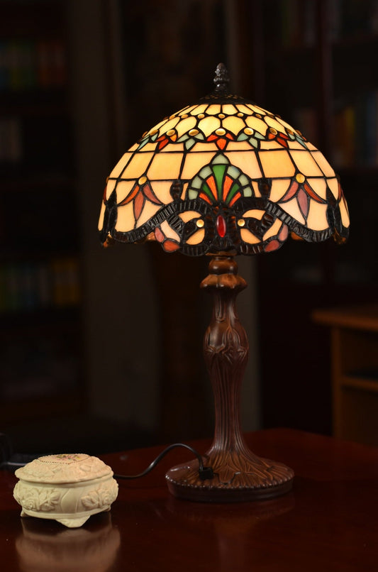 12" Beige Victorian Style Tiffany Bedside Lamp