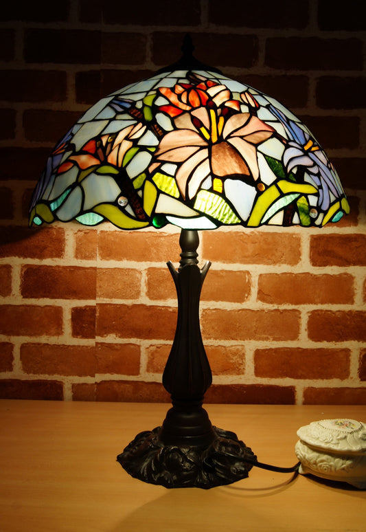Large 16" Oriental Lily Style Stained Glass Leadlight Tiffany Table Lamp
