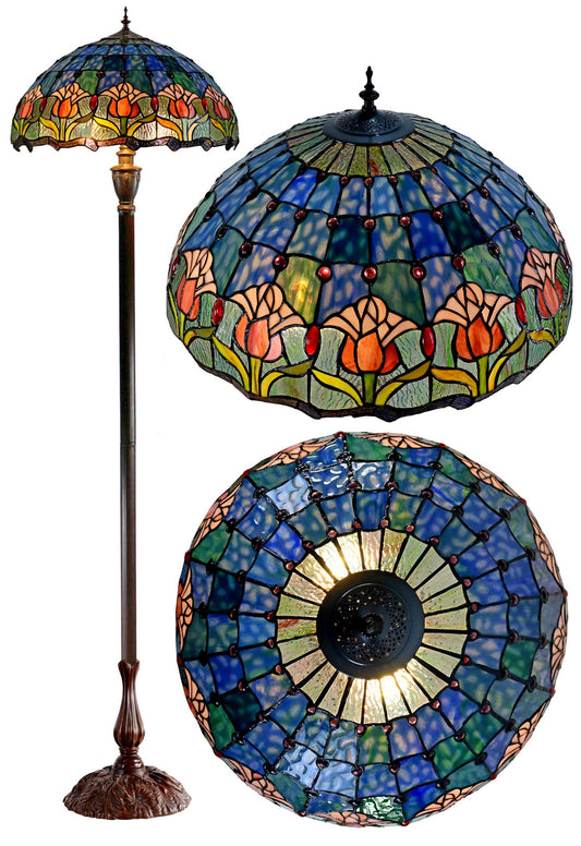 Huge 20" Blue Tulip Flower Stained Glass Tiffany Floor Lamp