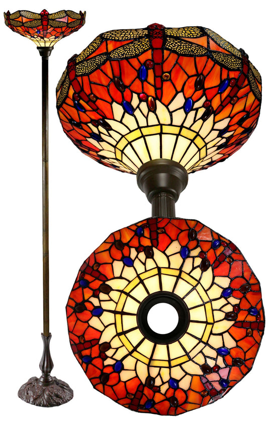 14"  Red Dragonfly Style Tiffany Floor Torchiere Lamp
