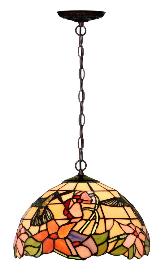 12" Hummingbird Style Floral Stained Glass Tiffany Pendant Light