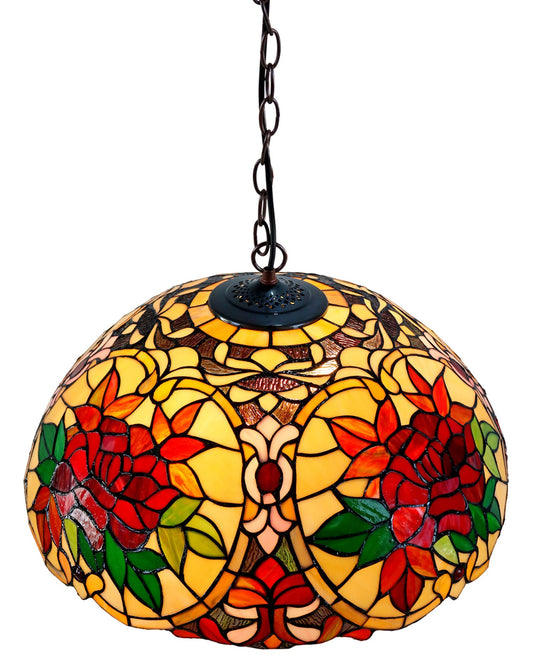 Huge 20" Traditional Red Camellia Tiffany Style Stained Glass Hanging Lamp