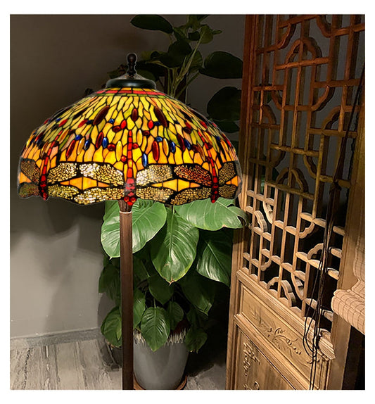 Traditional Huge 20" Dragonfly Flower Tiffany Floor Lamp with décor base