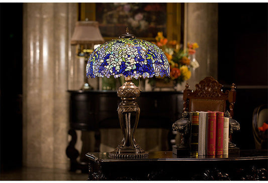 Huge 20 inches Wide Tiffany Reproduction Traditional Blue Wisteria Leaf Table Lamp