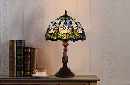 12" Blue Tulip Style Tiffany Bedside Lamp