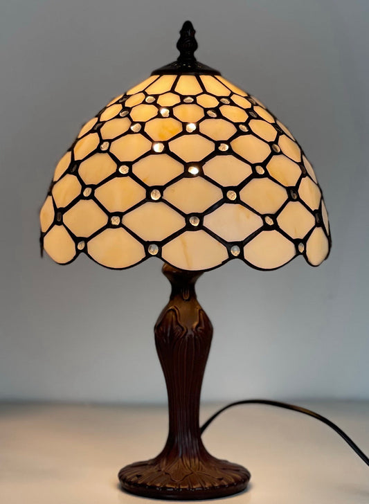 Elegant 10" Tiffany Bedside Lamp Cream Stained Glass Crystal Bead Style Table Reading Lamp