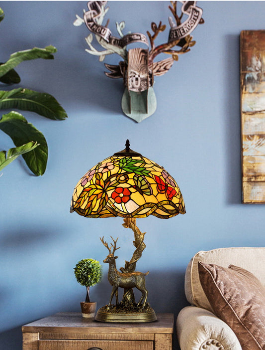 16” Large Tiffany Table lamp Dancing Butterflies on the flowers with Reindeer Sculpture Base