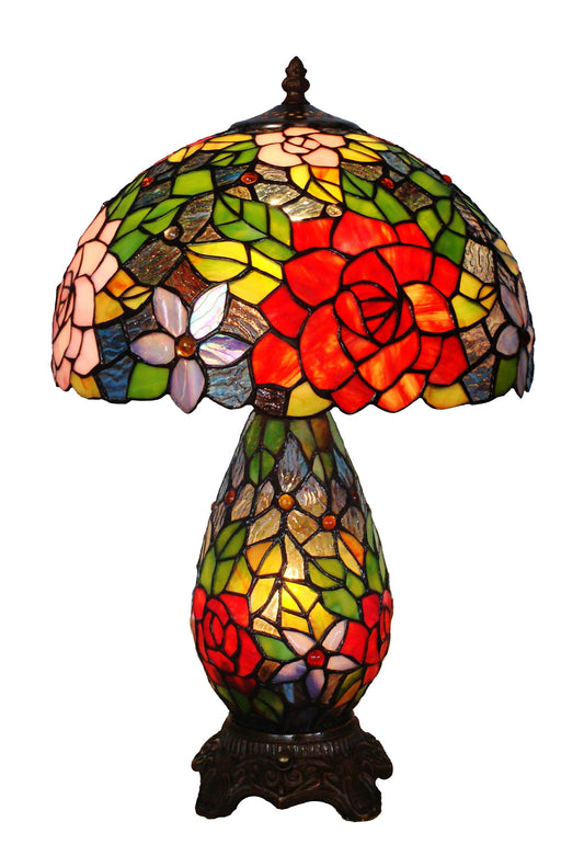 12" Traditional Rose Tiffany Table Lamp with Lighted Base