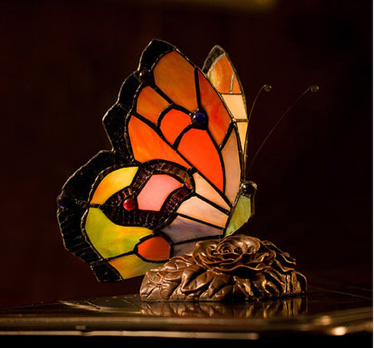 Stunning Red Butterfly  Tiffany Leadlight Stained Glass Art Deco Accent Lamp