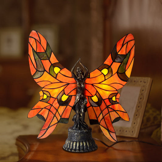 Red Fairy Angel Lady  Tiffany Stained Glass  Figurine Art Deco Lamp