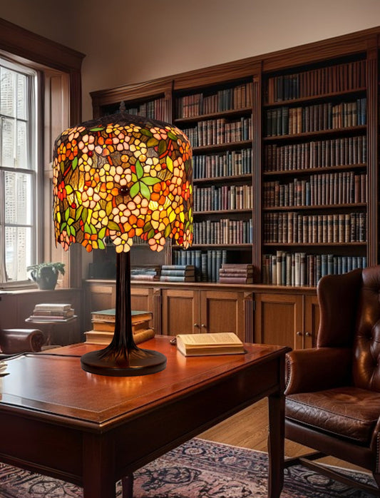 Museum Quality apple blossom Tiffany Stained Glass Table Lamp with Trunk Base