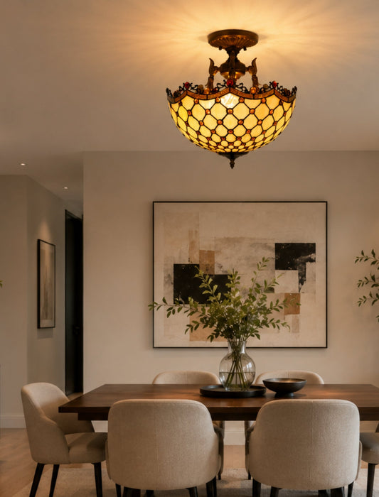 16 “ Large Modern Classic Tiffany Bead Semi Flush Ceiling Light