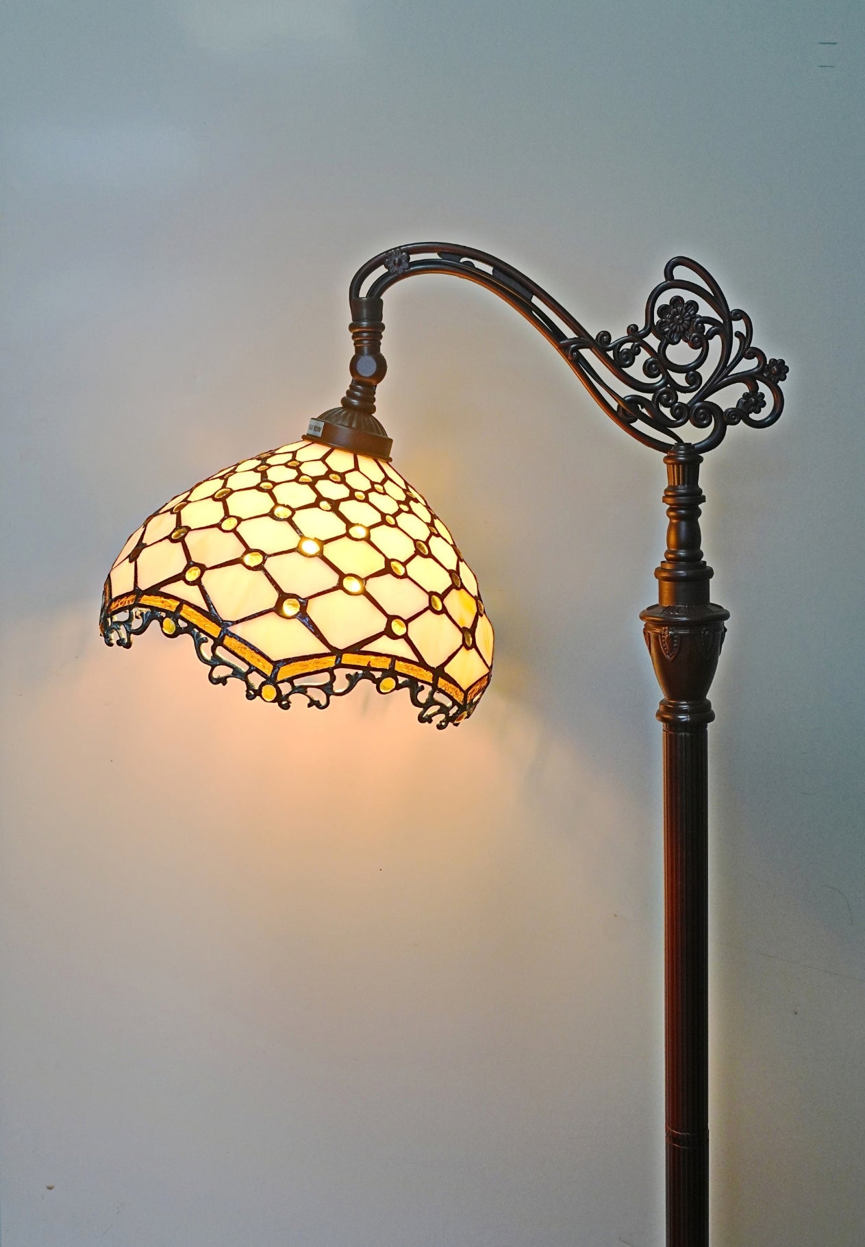 Beige Beaded Leadlight Stained Glass Bridge Arm Tiffany  Floor Lamp