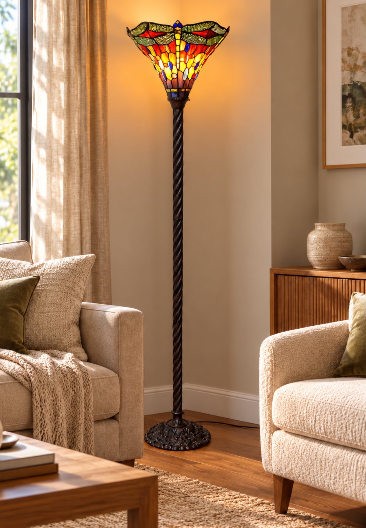 Large Red Jewel Dragonfly Tiffany Torchiere Floor Lamp