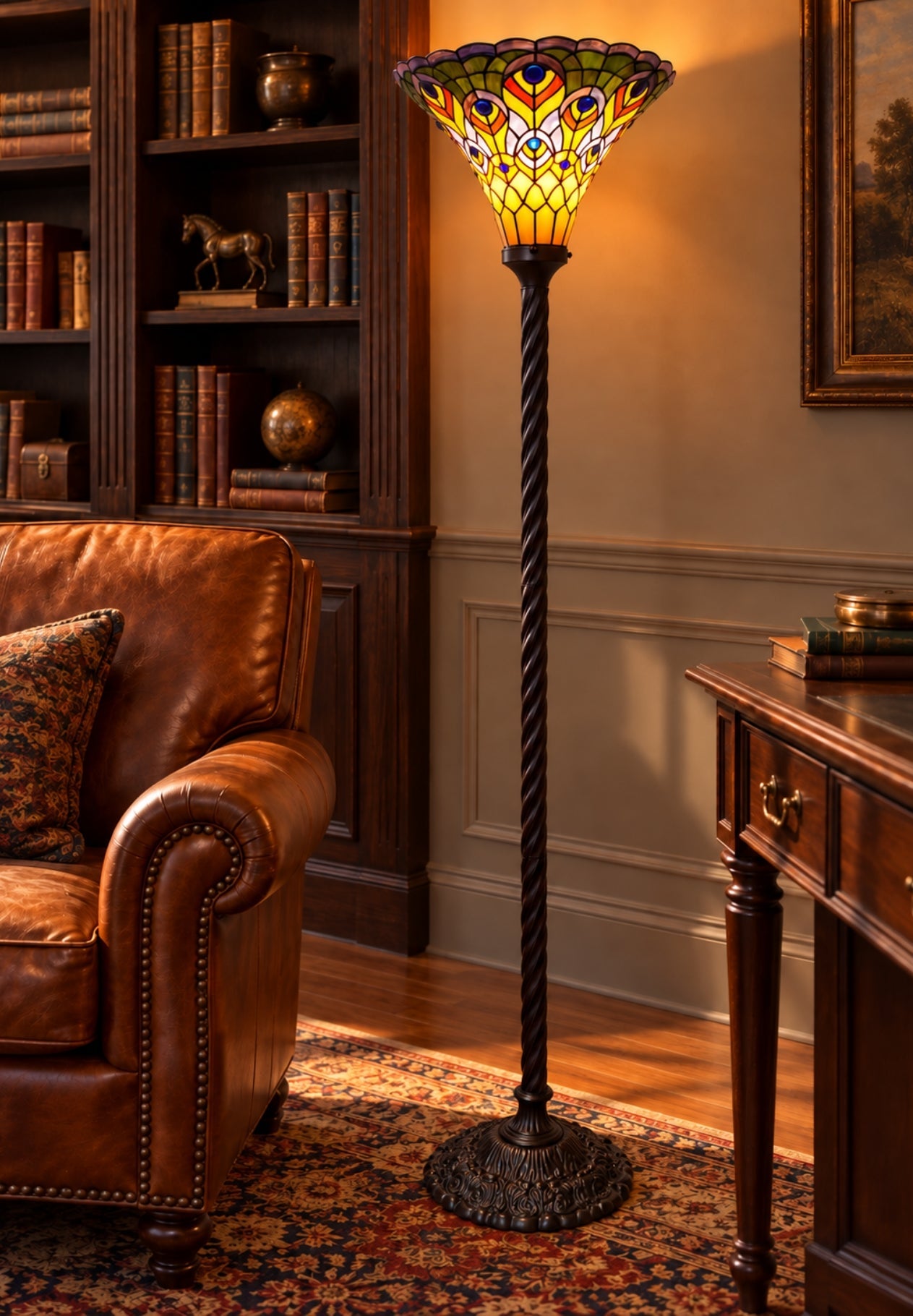 Large Golden Peacock Stained Glass Tiffany Torchiere Floor Lamp