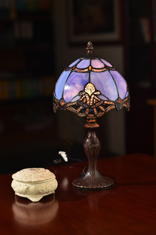 Cute  8" Blue Baroque Style curved Glass Tiffany Mini Lamp