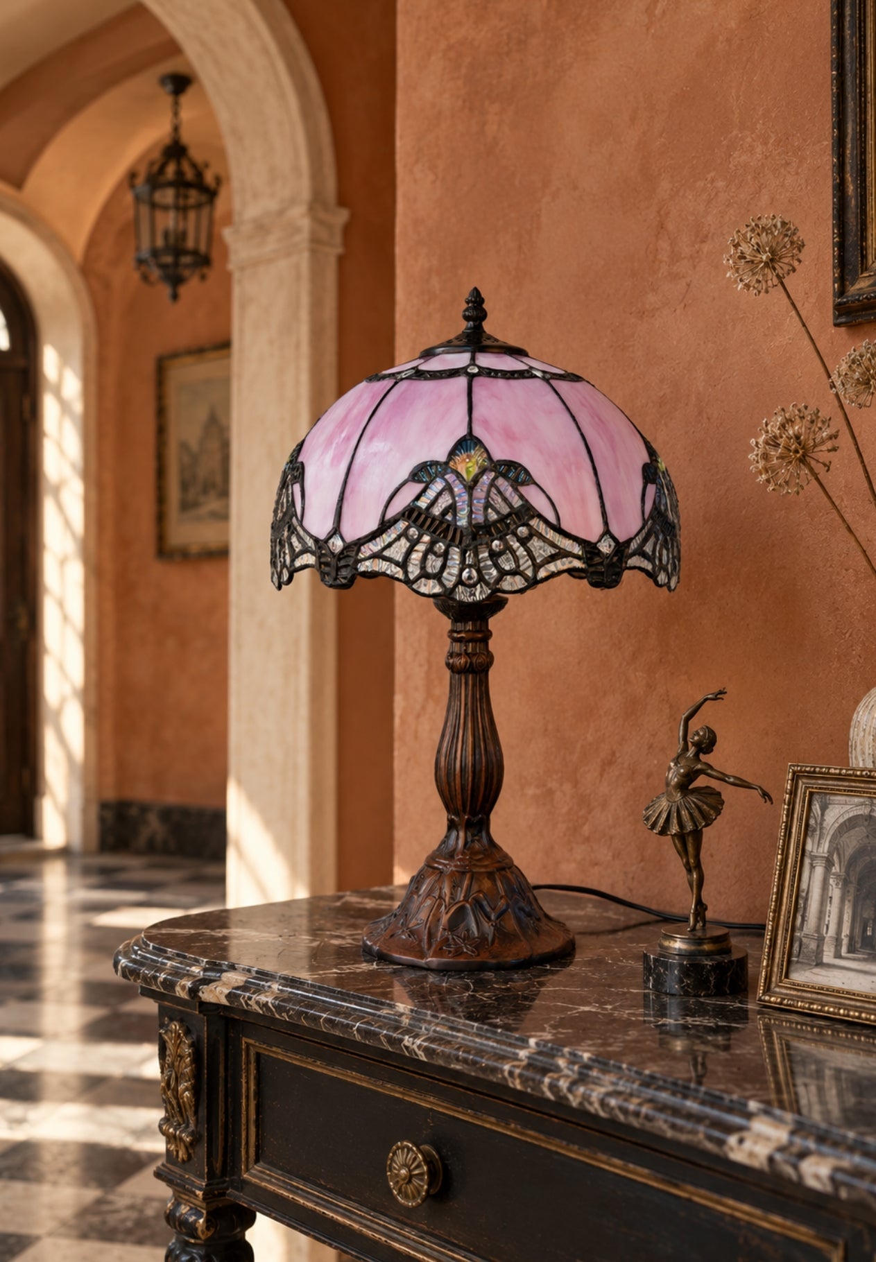 12″ Lavender Pink Jewel Tiffany-Style Bedside Lamp