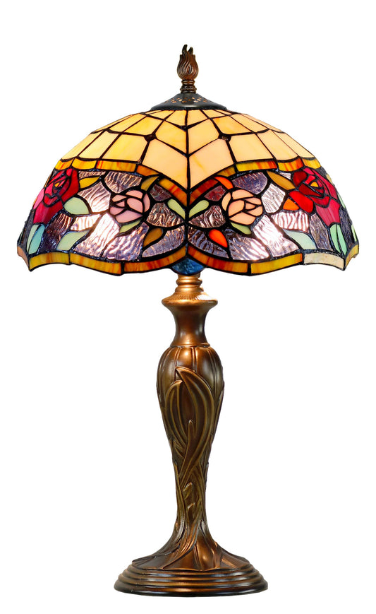 14” Vintage Rose Tiffany Table Lamp – Elegant Bedside Lighting
