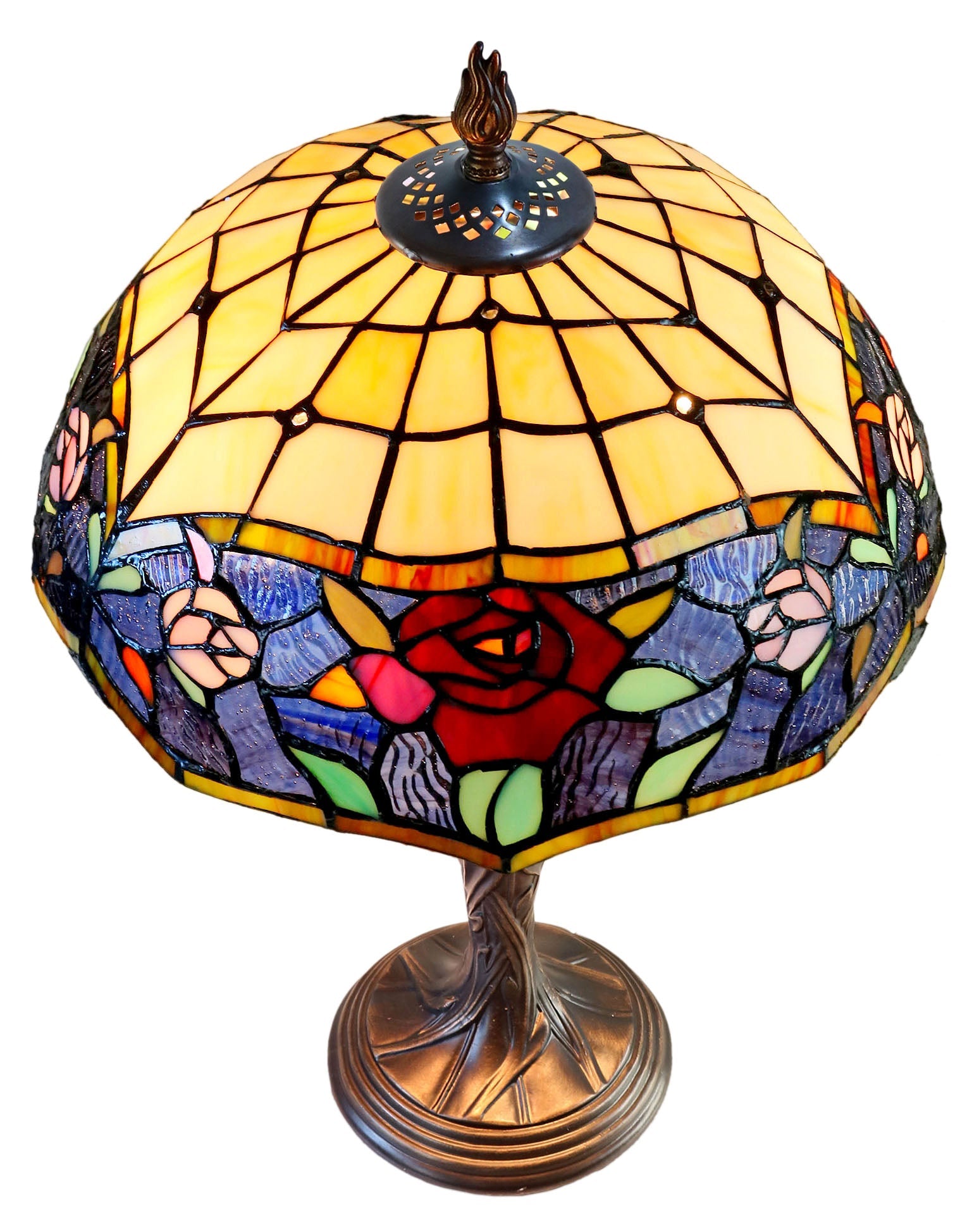 14” Vintage Rose Tiffany Table Lamp – Elegant Bedside Lighting