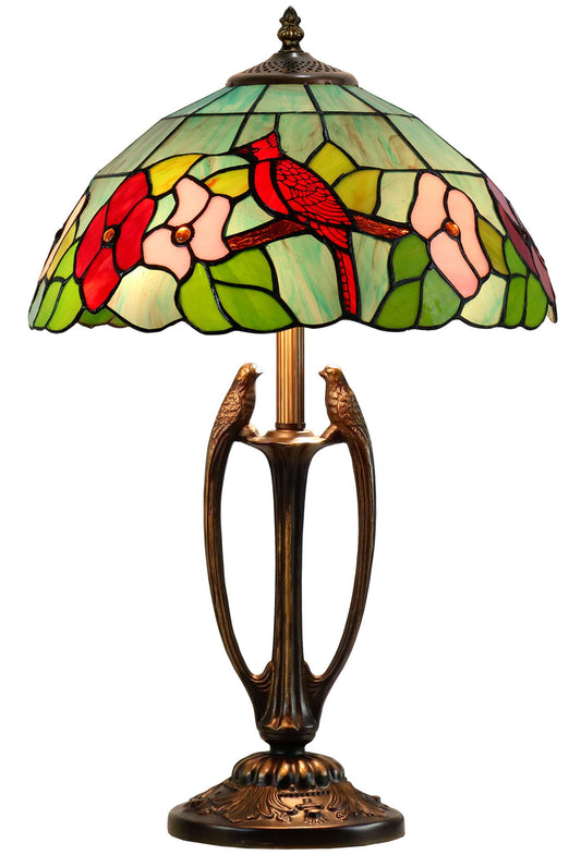 14" Artisan Stained Glass Cardinal Bird  Floral Tiffany Table Lamp