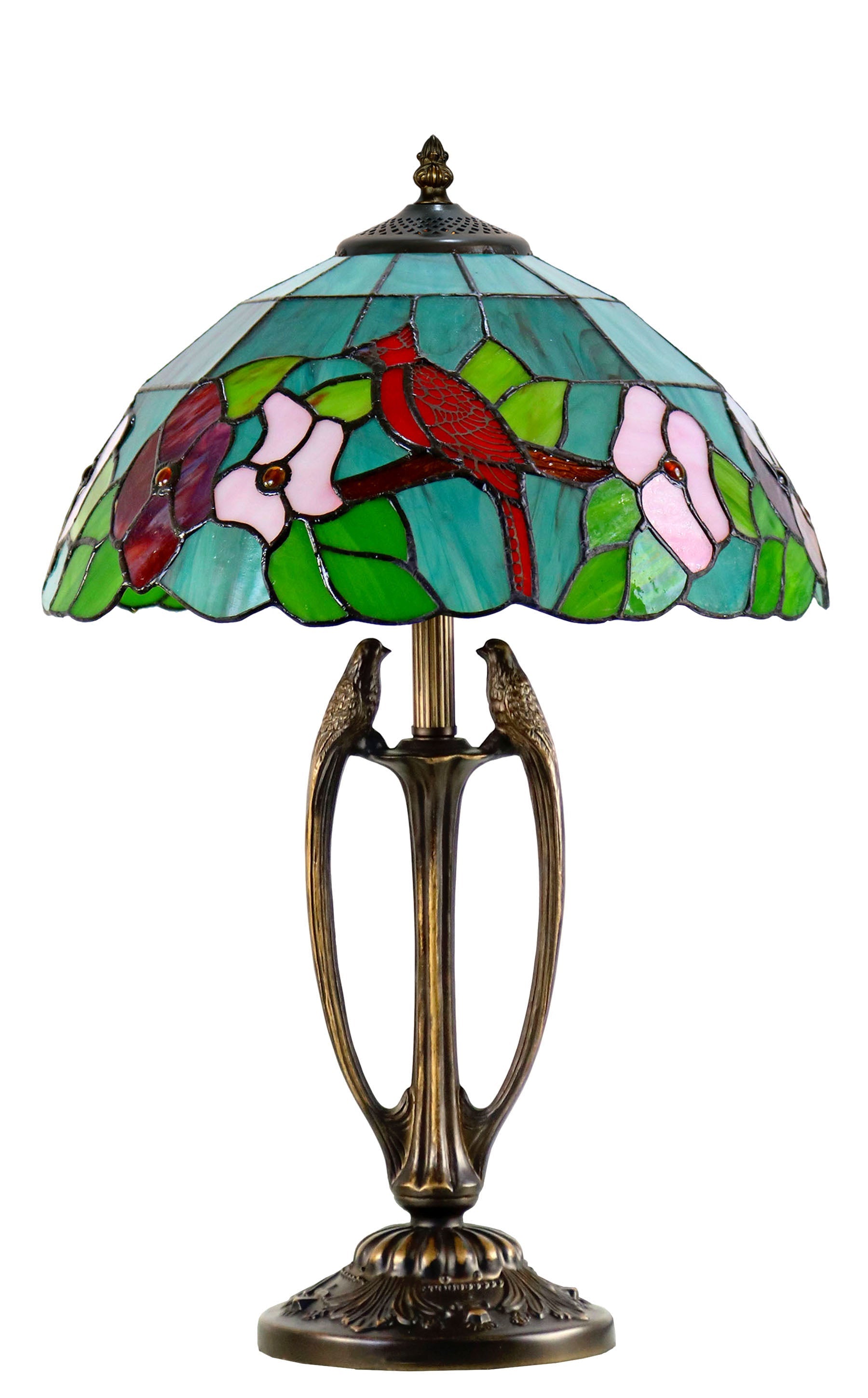 14" Artisan Stained Glass Cardinal Bird  Floral Tiffany Table Lamp