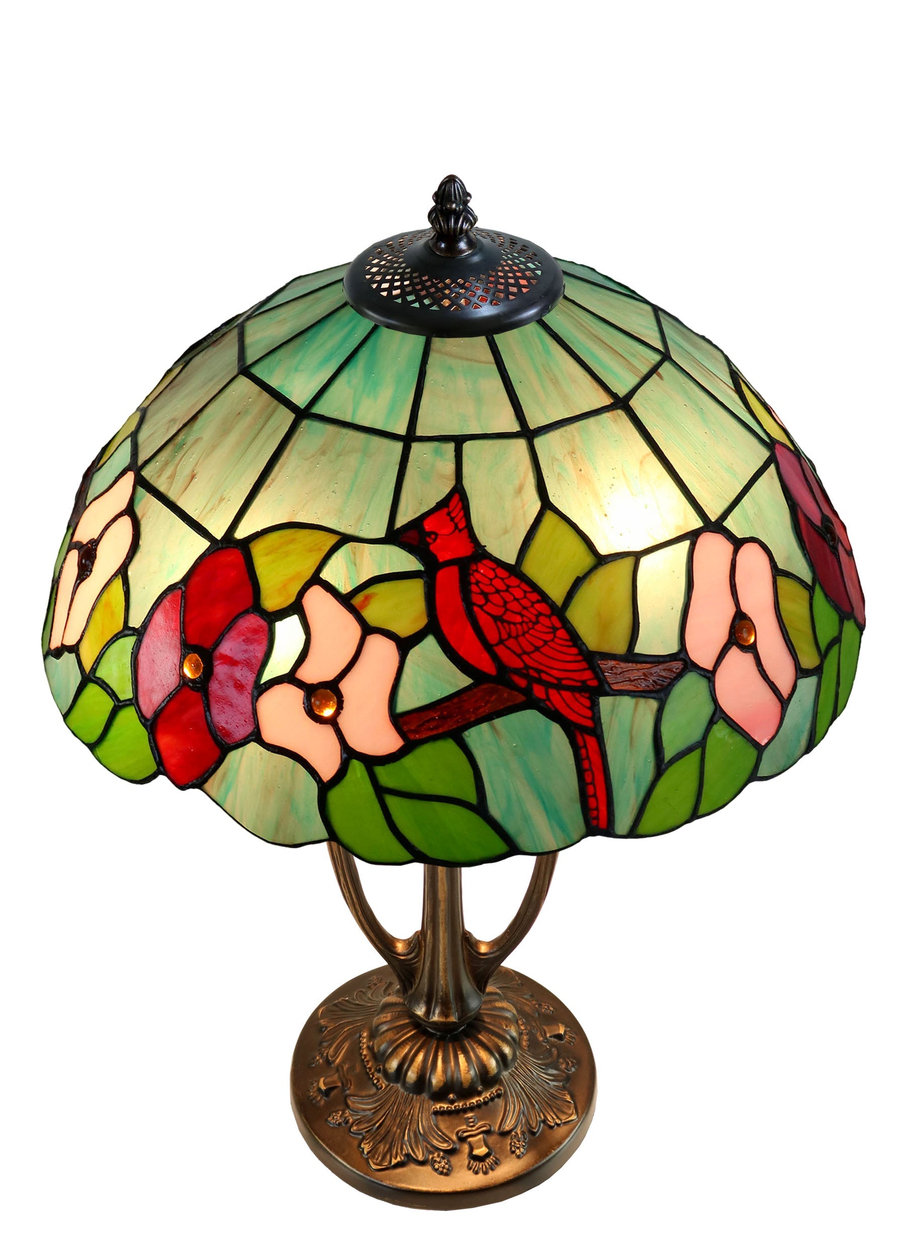 14" Artisan Stained Glass Cardinal Bird  Floral Tiffany Table Lamp