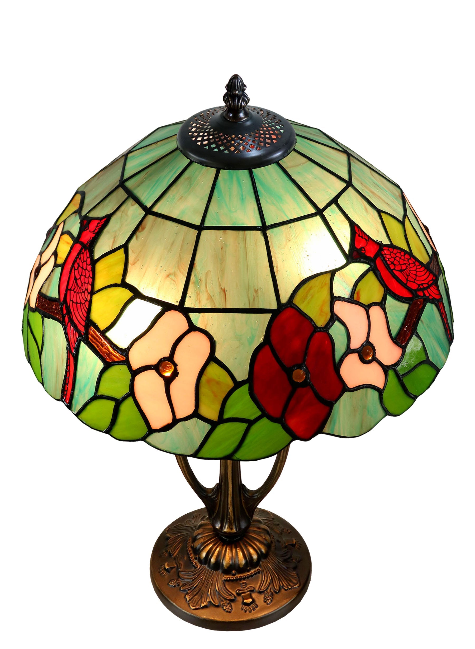 14" Artisan Stained Glass Cardinal Bird  Floral Tiffany Table Lamp