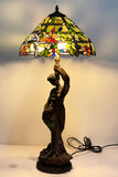 Limited Edition@16“ Flower Trellis Fieldstone Stained Glass Tiffany Table Lamp with Lady peacock Base