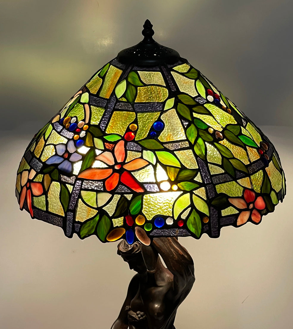 Limited Edition@16“ Flower Trellis Fieldstone Stained Glass Tiffany Table Lamp with Lady peacock Base